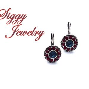 Swarovski Crystal Flower Earrings in Montana and Siam Red Antique Silver Finish